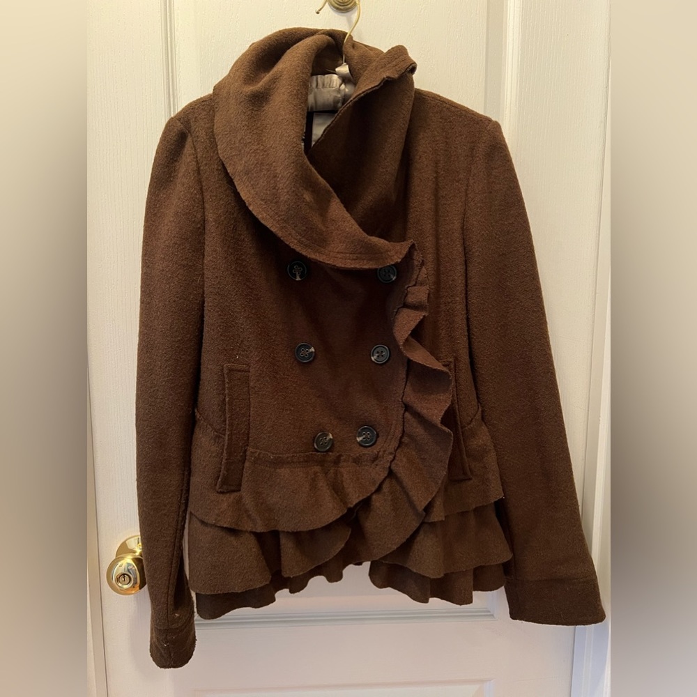 Anthropologie fall jacket coat wool brown ruffles elevenses sz 10